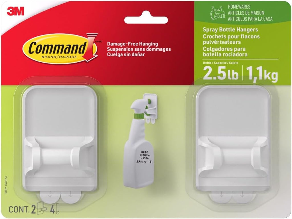 Spray Bottle Hangers, 2 Pack, White, Holds up to 32 Fl Oz, 2-Hangers, 4-Strips, Organize Damage-Free