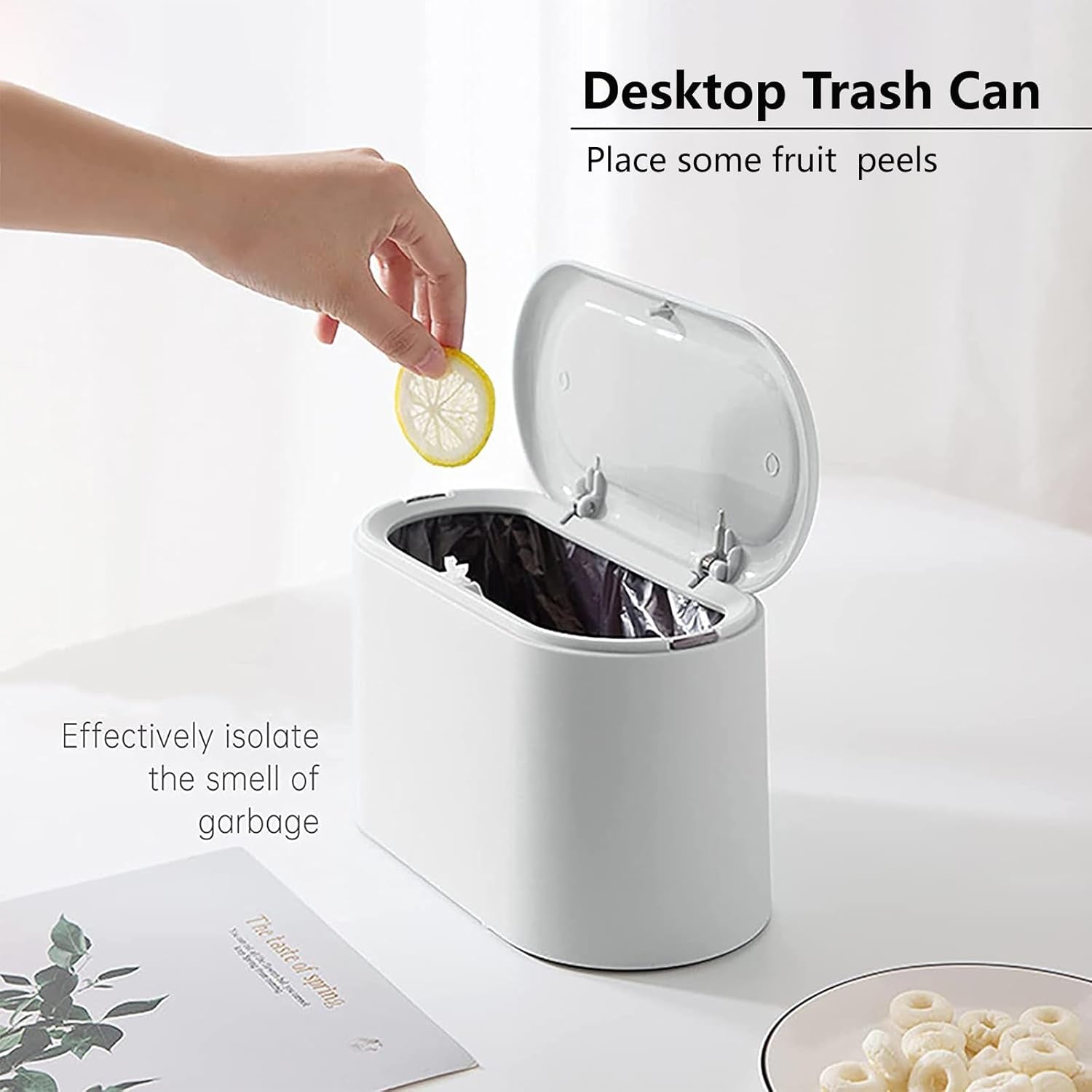 Mini Trash Can with Lid,Small Desk Trash Can,Countertop Mini Garbage Cans,Tiny Waste Basket,White,With 3 Roll Bags