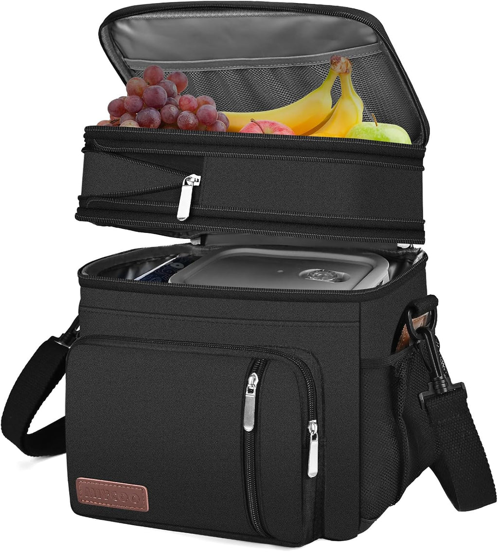 Lunch Bag for Women Men Double Deck Lunch Box - Leakproof Insulated Soft Large Lunch Cooler Bag,  (Black,15L)