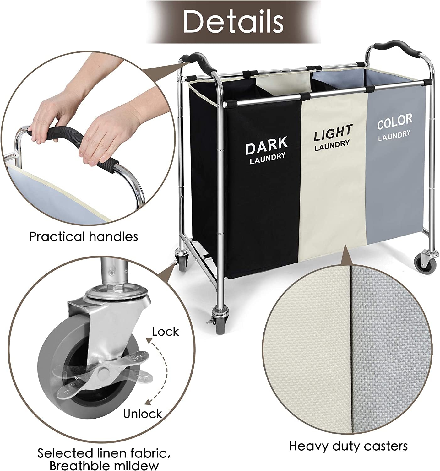 240L 3-Bag Laundry Hamper Basket Sorter Cart, 16 X 30 X 35 Inch Heavy Duty Rolling Wheels with Break for Dirty Clothes Storage Baskets Bin