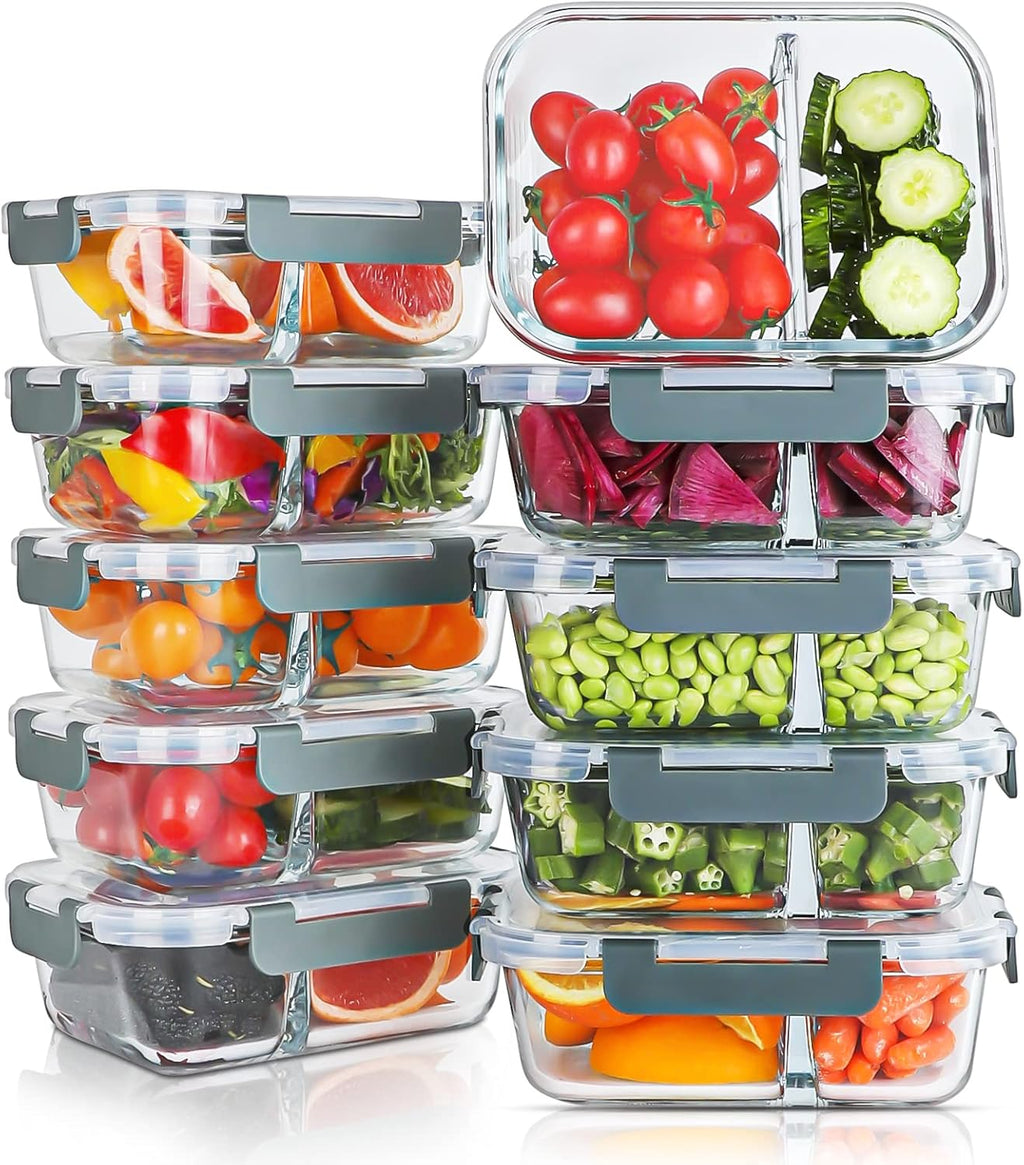 10 Packs Glass Meal Prep Containers 2 Compartments,Glass Food Storage Containers with Lids,Airtight Glass Lunch Bento Boxes,Bpa Free,Oven,Freezer and Dishwasher Safe…