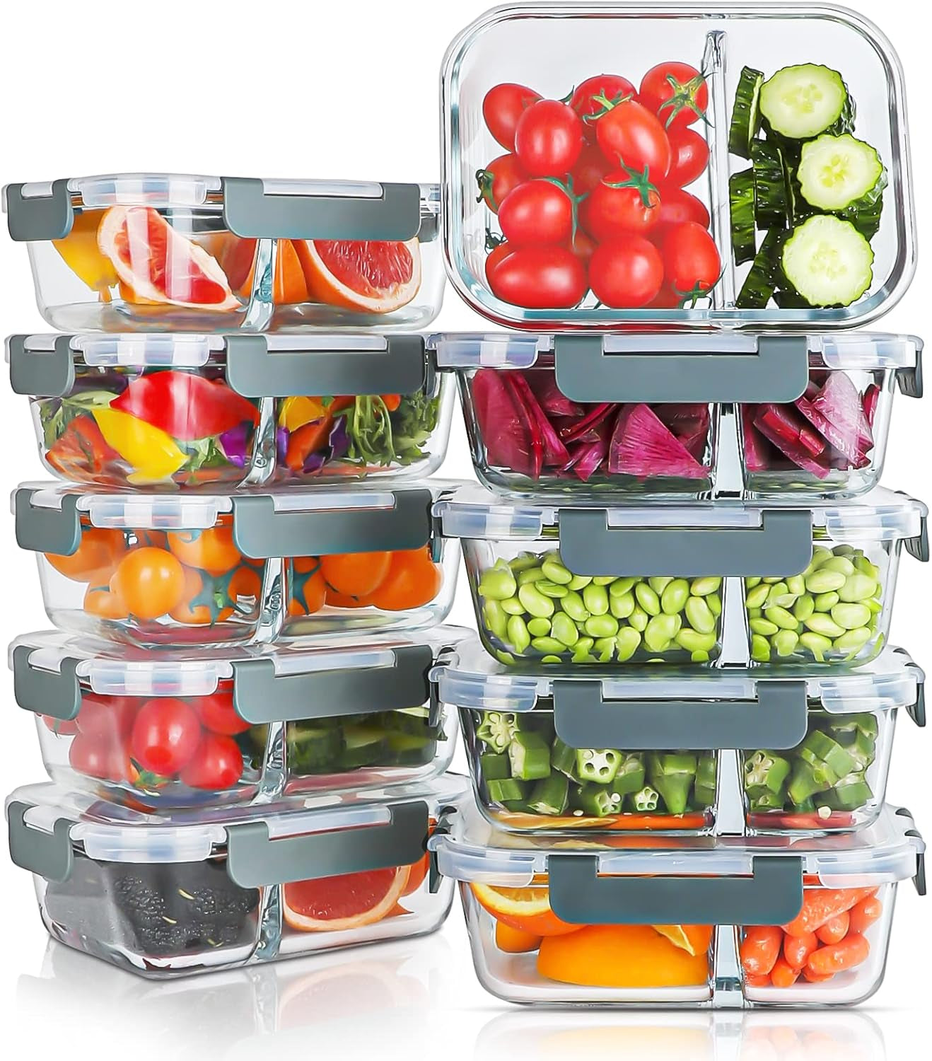 10 Packs Glass Meal Prep Containers 2 Compartments,Glass Food Storage Containers with Lids,Airtight Glass Lunch Bento Boxes,Bpa Free,Oven,Freezer and Dishwasher Safe…