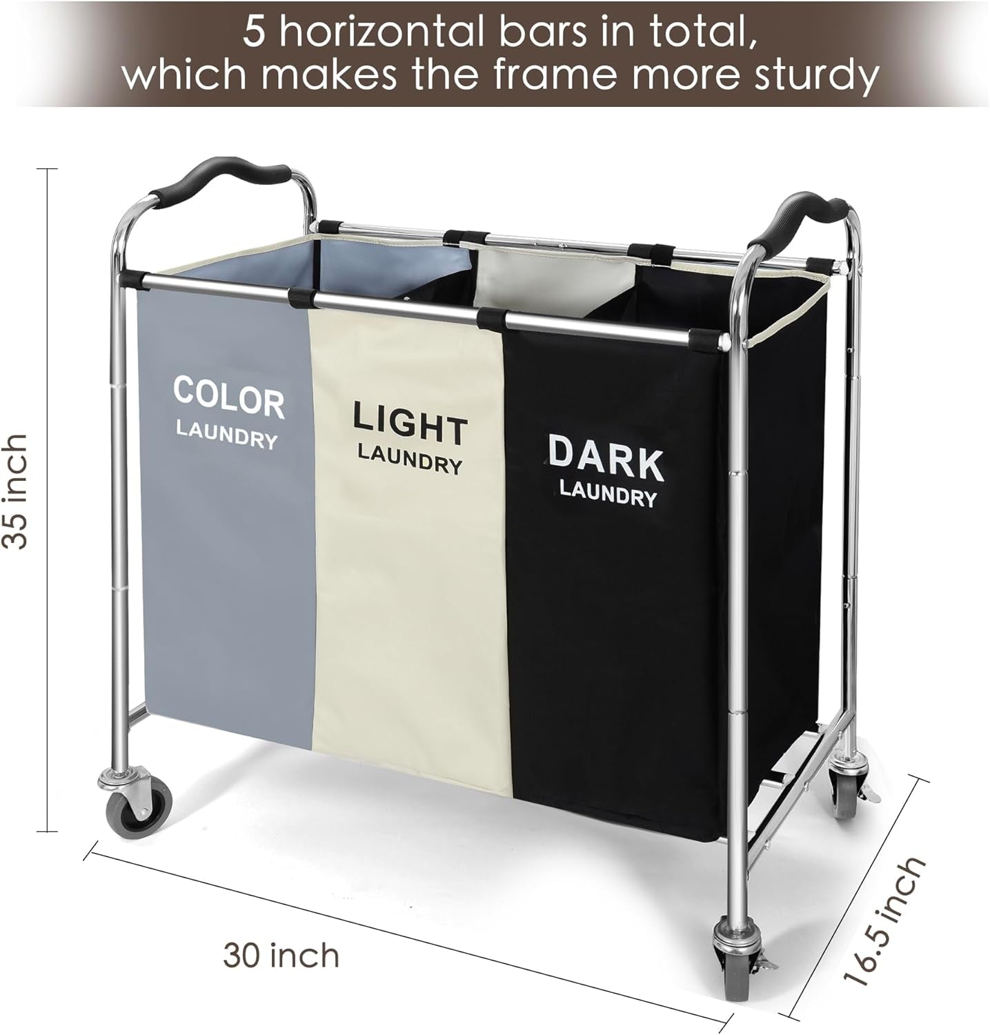 240L 3-Bag Laundry Hamper Basket Sorter Cart, 16 X 30 X 35 Inch Heavy Duty Rolling Wheels with Break for Dirty Clothes Storage Baskets Bin