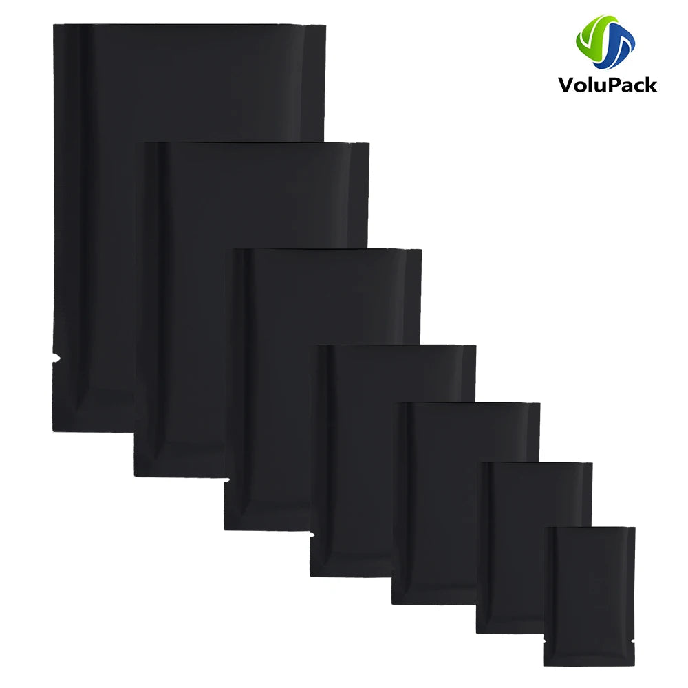 Sachets de rangement anti-odeurs multi-tailles, noir mat, à ouverture facile, scellables sous vide, en aluminium ou en mylar.