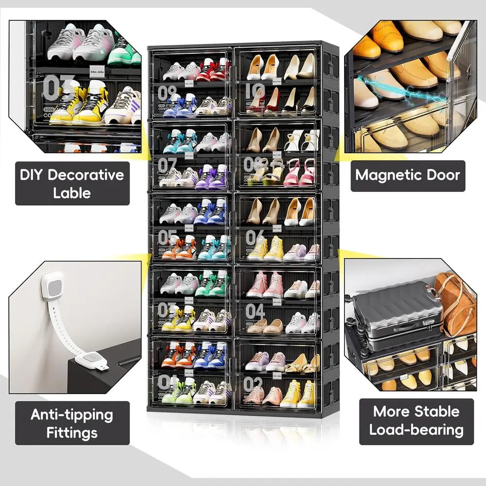 Grand meuble de rangement à chaussures à 10 niveaux pour entrée, boîte de rangement pliable avec porte magnétique (noir)