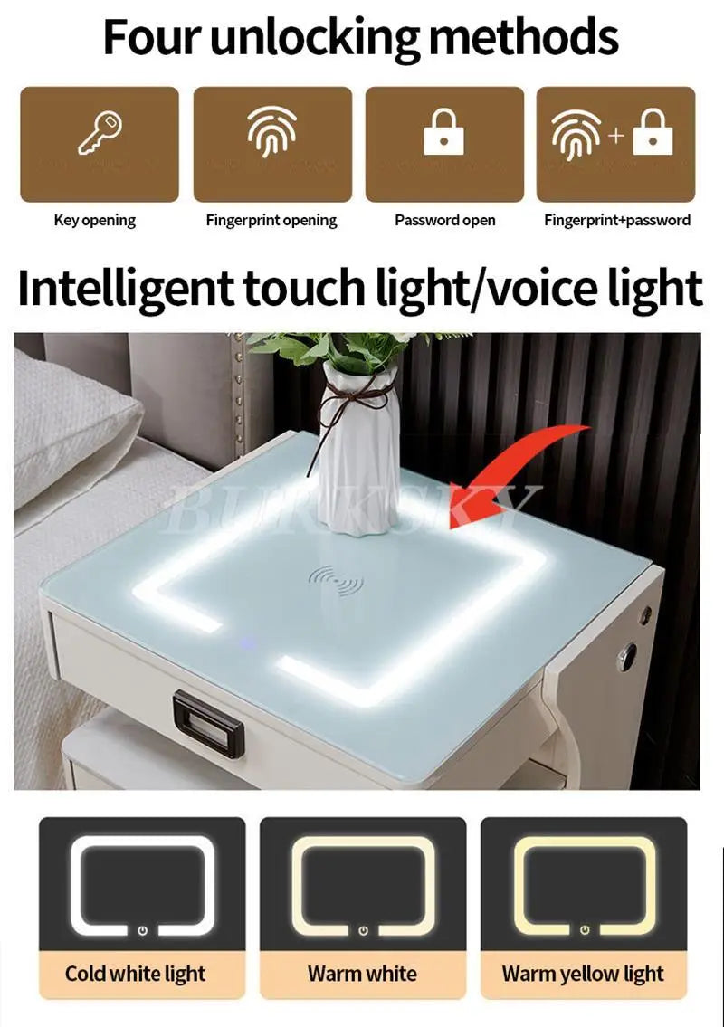 Table de chevet pour salon, meuble de rangement intelligent, mobilier moderne, coffre-fort de chevet pour chambre à coucher avec chargeur sans fil