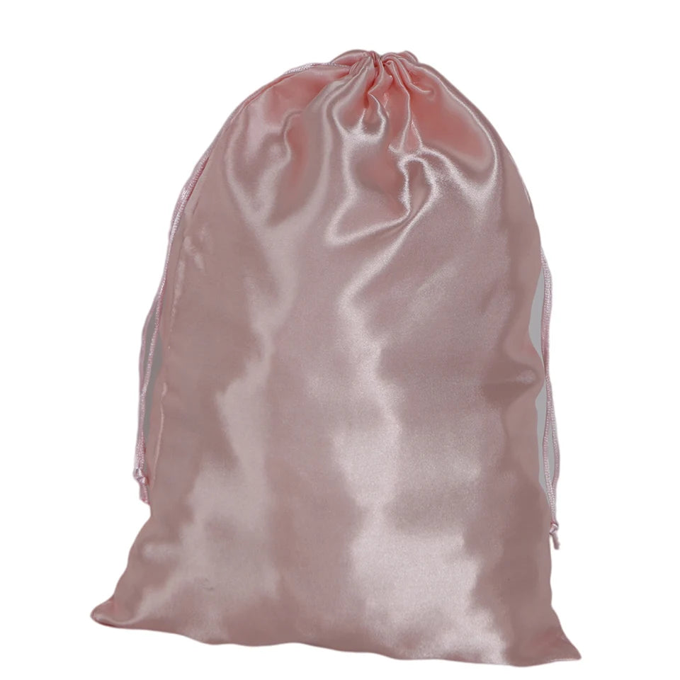 Pochette de rangement en satin 25x35cm, disponible en 20 couleurs, pour perruques ou extensions ; sac à cordon pour accessoires de voyage.