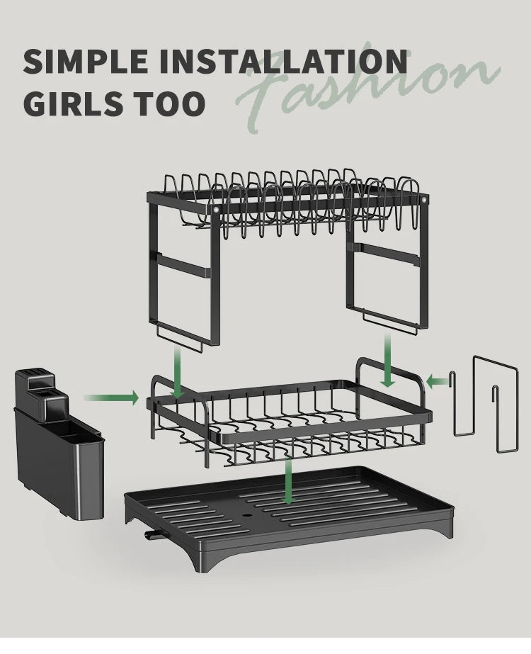 Égouttoir à vaisselle à 2 niveaux, porte-couverts avec bec verseur et bac d'égouttage, porte-couverts, porte-tasses, étagère de rangement pour plan de travail.