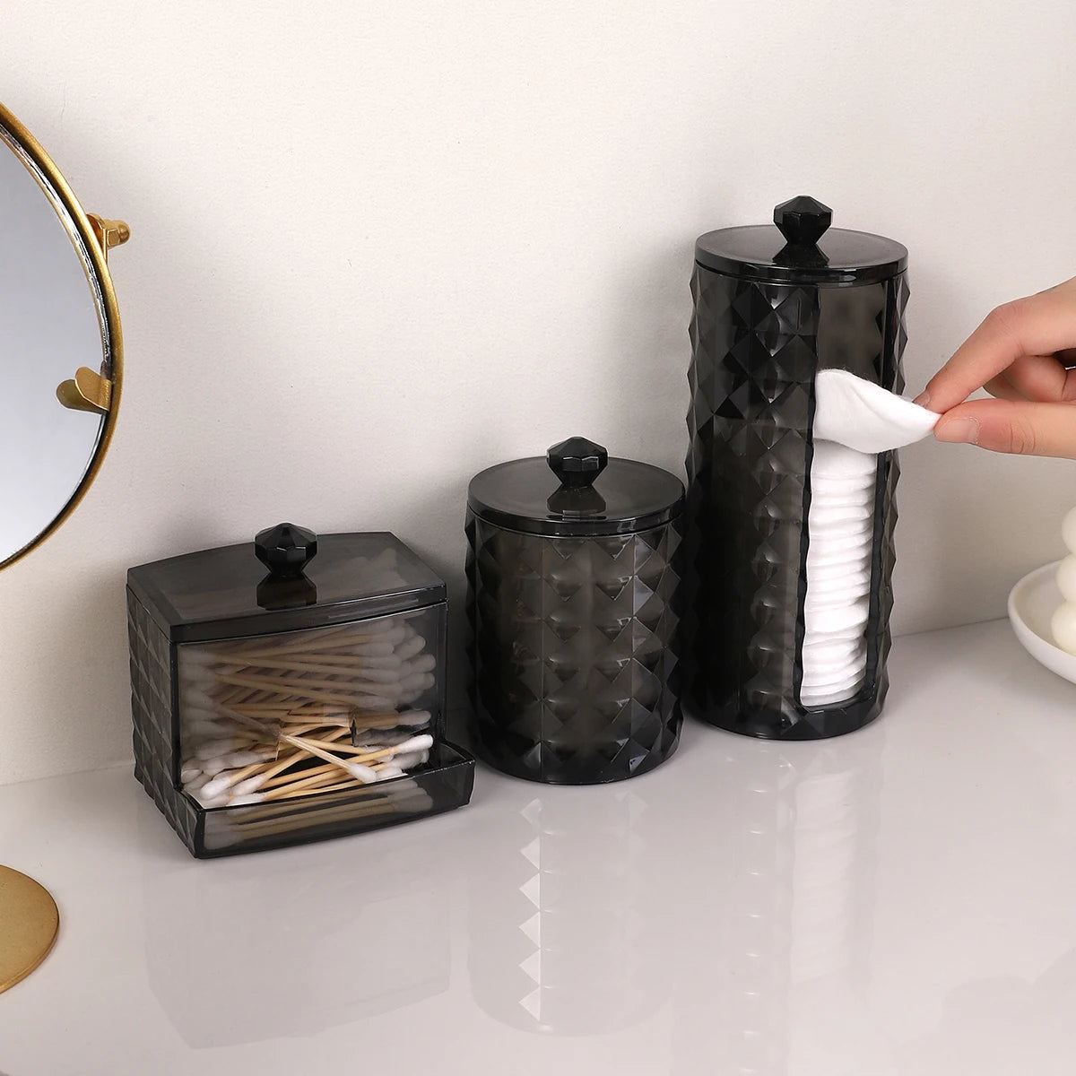 3 supports pour cotons-tiges, distributeur de salle de bain, boîte de rangement pour boules de coton, cotons-tiges, bocal de rangement transparent avec couvercle, organisation de la maison