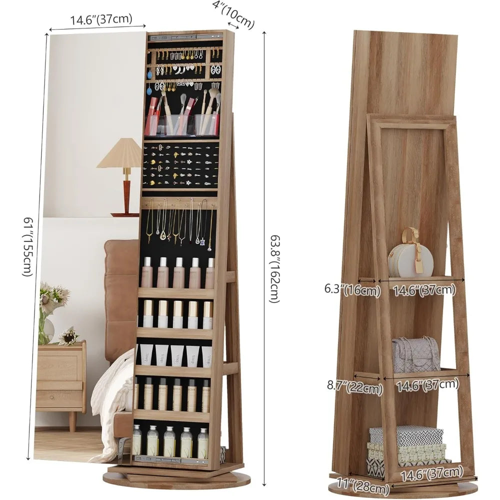 Armoire à bijoux pivotante à 360° de 160 cm avec miroir pleine longueur, miroir verrouillable pour le rangement des bijoux et étagère de rangement arrière.