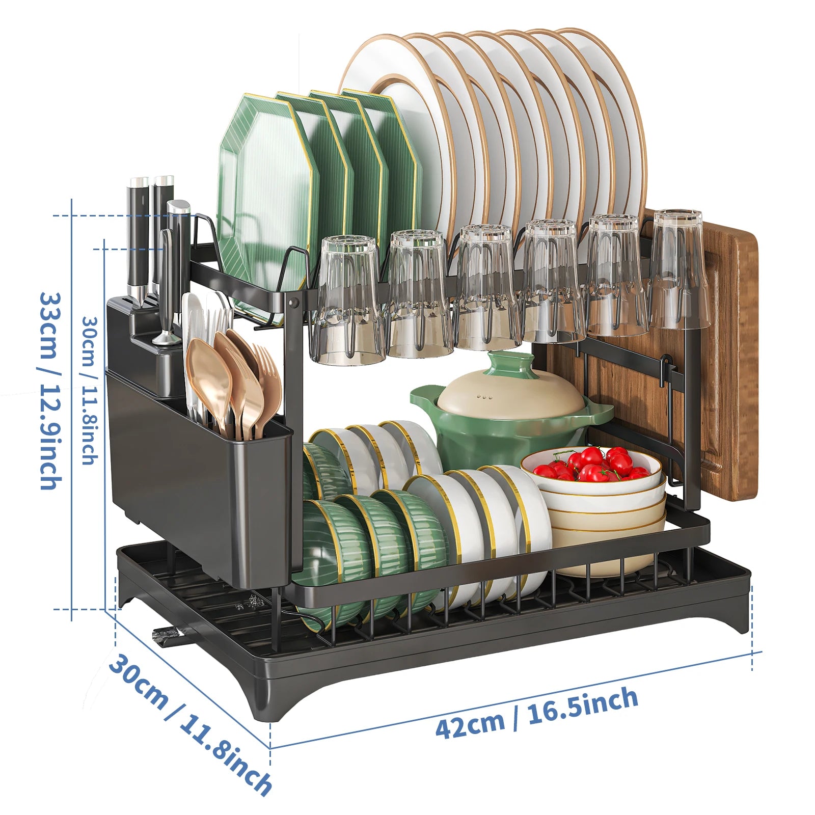 Égouttoir à vaisselle à 2 niveaux, porte-couverts avec bec verseur et bac d'égouttage, porte-couverts, porte-tasses, étagère de rangement pour plan de travail.