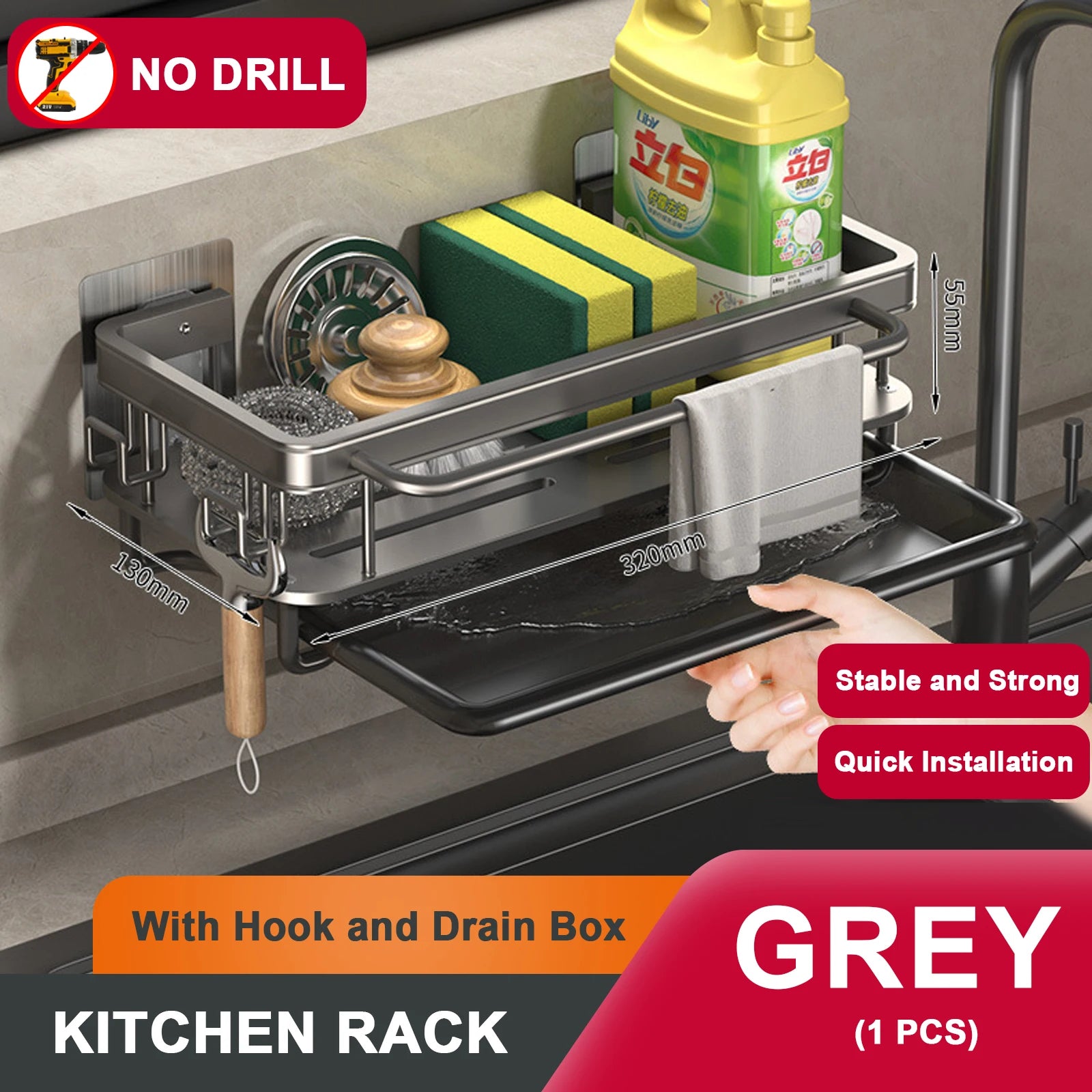 Égouttoir d'évier avec plateau, étagère en aluminium, porte-savon/éponge, porte-torchons/serviettes, panier à filtre