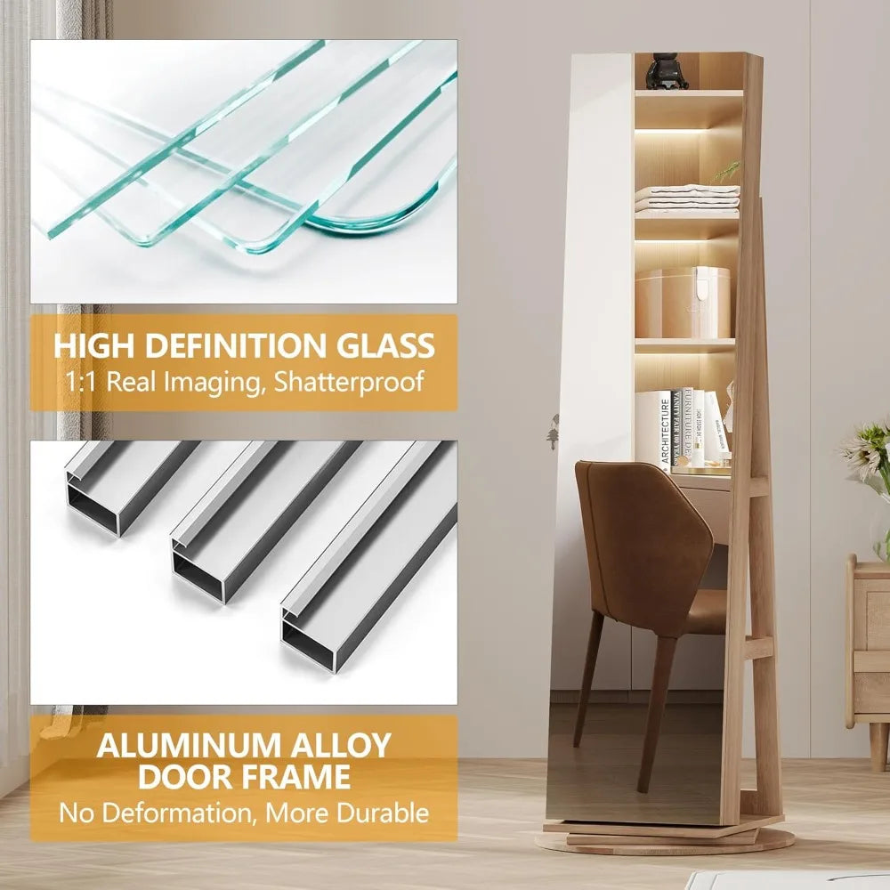 Armoire à bijoux pivotante à 360° de 160 cm avec miroir pleine longueur, miroir verrouillable pour le rangement des bijoux et étagère de rangement arrière.