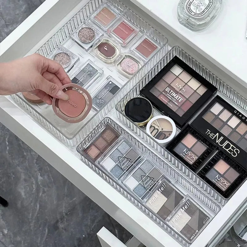 Ensemble de rangement modulaire transparent pour tiroirs, plateaux de rangement multi-usages pour maquillage, soins de la peau, ustensiles de cuisine et salle de bain.