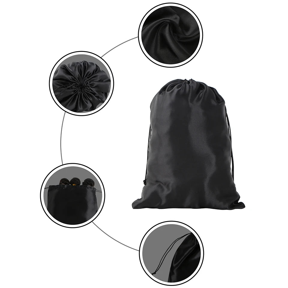 Pochette de rangement en satin 25x35cm, disponible en 20 couleurs, pour perruques ou extensions ; sac à cordon pour accessoires de voyage.