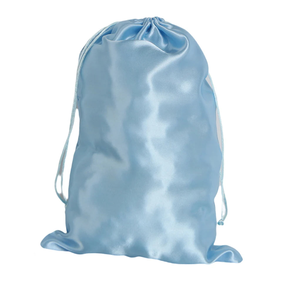 Pochette de rangement en satin 25x35cm, disponible en 20 couleurs, pour perruques ou extensions ; sac à cordon pour accessoires de voyage.