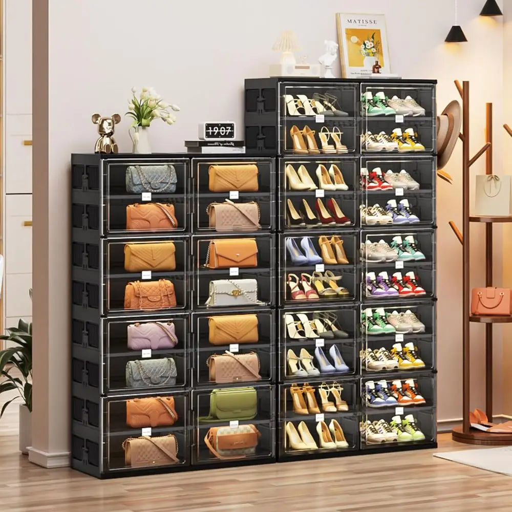 Grand meuble de rangement à chaussures à 10 niveaux pour entrée, boîte de rangement pliable avec porte magnétique (noir)