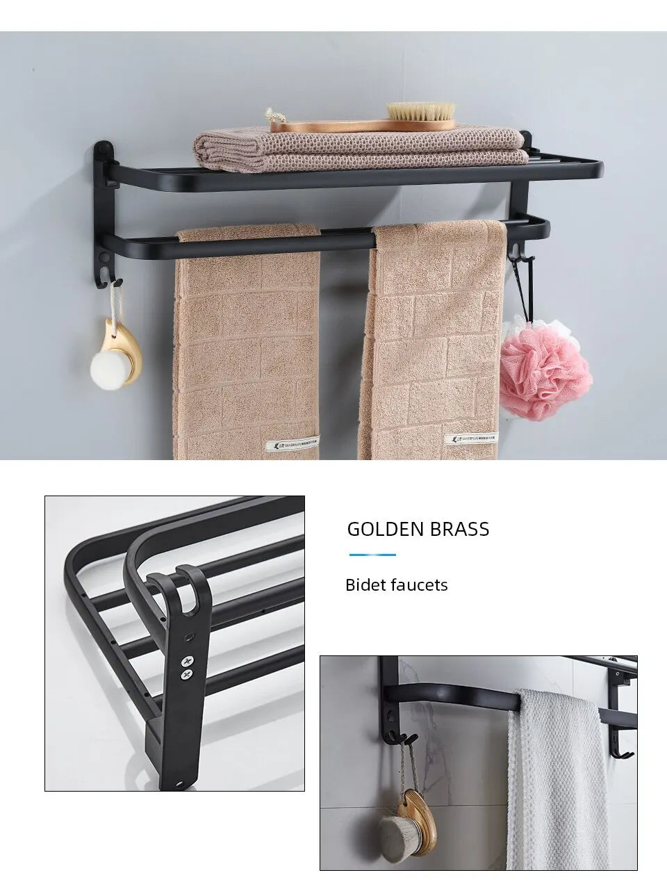 Porte-serviettes mural pliable en aluminium noir mat de 50 cm avec crochet