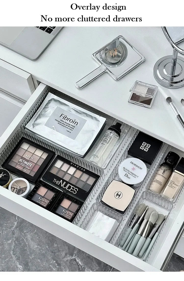 Ensemble de rangement modulaire transparent pour tiroirs, plateaux de rangement multi-usages pour maquillage, soins de la peau, ustensiles de cuisine et salle de bain.