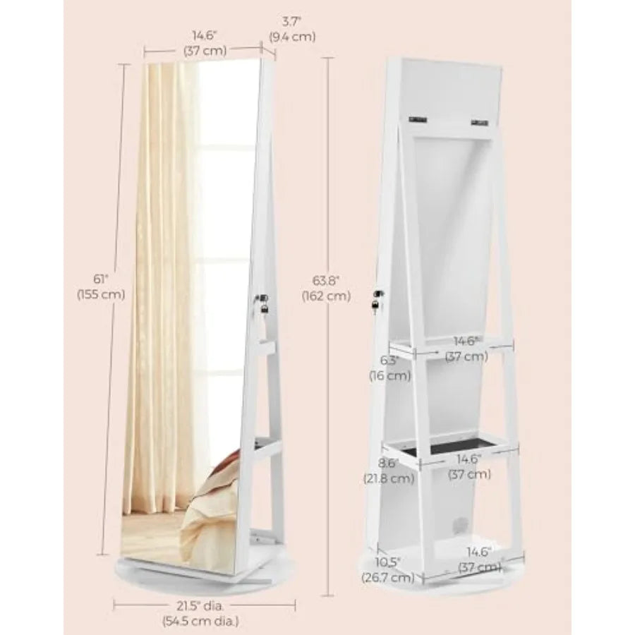 Armoire à bijoux pivotante à 360° avec miroir verrouillable et 6 LED, sur pied, sans cadre, avec 3 compartiments de rangement.