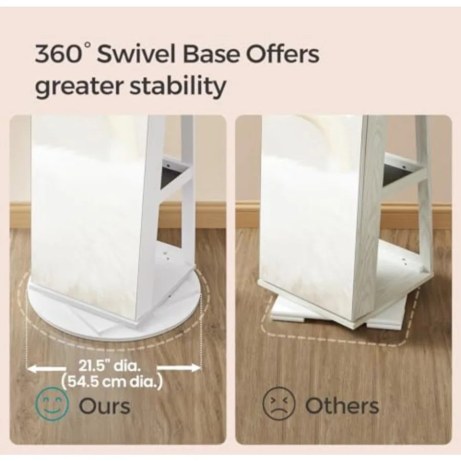 Armoire à bijoux pivotante à 360° avec miroir verrouillable et 6 LED, sur pied, sans cadre, avec 3 compartiments de rangement.