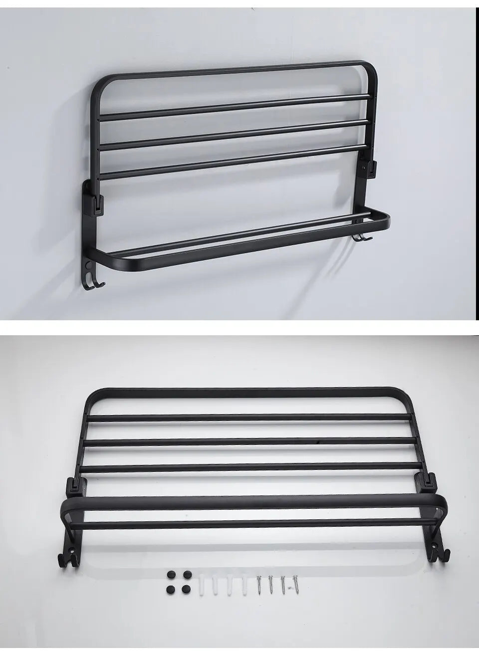 Porte-serviettes mural pliable en aluminium noir mat de 50 cm avec crochet