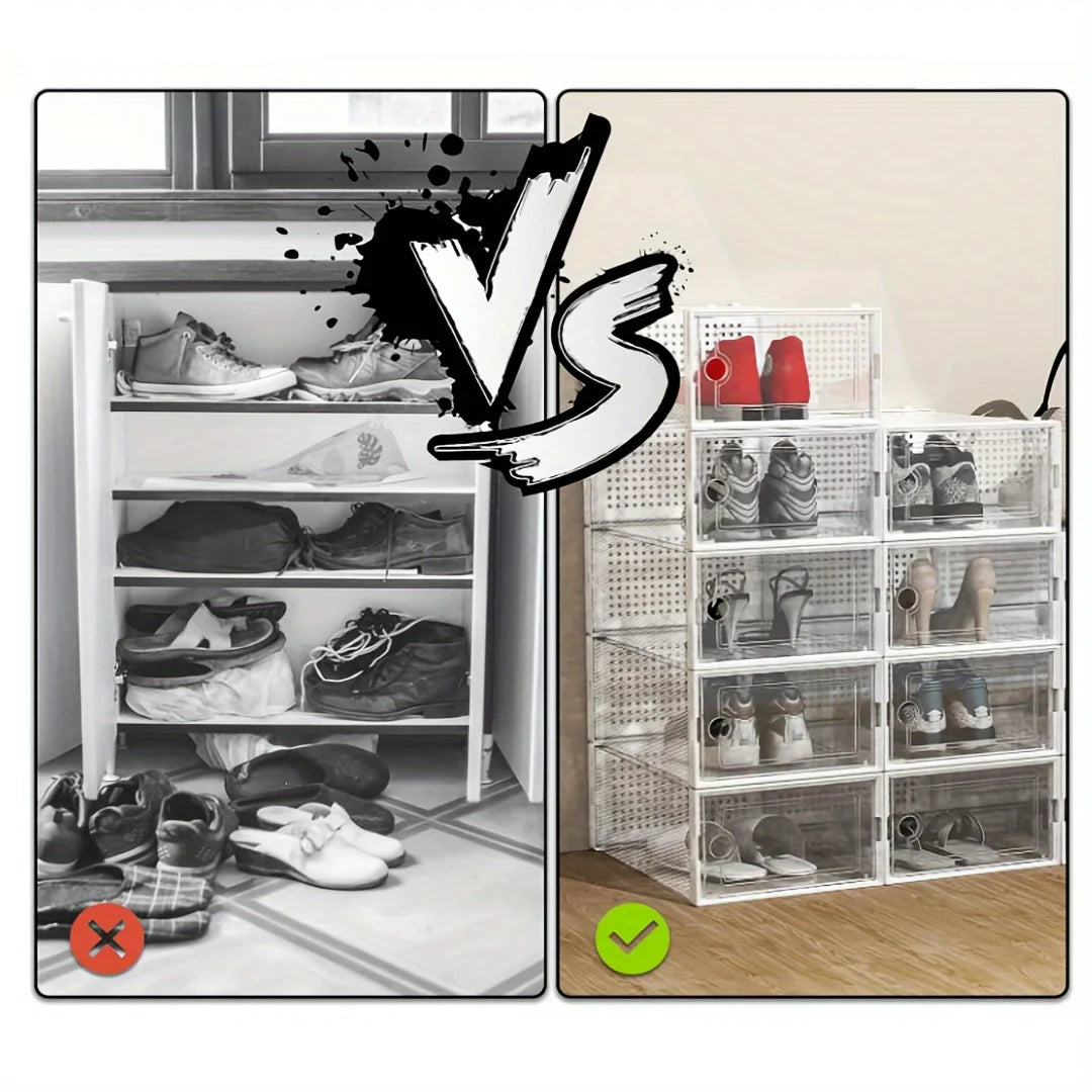 Lot de 2 ou 6 boîtes à chaussures transparentes et épaisses, pliables et empilables, en plastique, pour un rangement peu encombrant dans l'entrée, la chambre, le dortoir ou la maison. Décoration