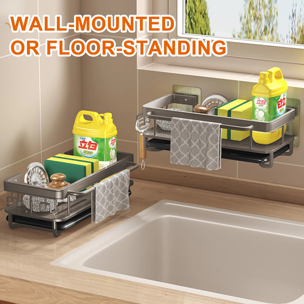 Égouttoir d'évier avec plateau, étagère en aluminium, porte-savon/éponge, porte-torchons/serviettes, panier à filtre