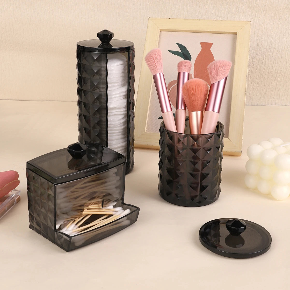 3 supports pour cotons-tiges, distributeur de salle de bain, boîte de rangement pour boules de coton, cotons-tiges, bocal de rangement transparent avec couvercle, organisation de la maison