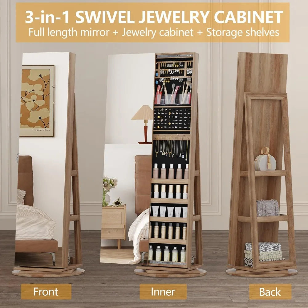 Armoire à bijoux pivotante à 360° de 160 cm avec miroir pleine longueur, miroir verrouillable pour le rangement des bijoux et étagère de rangement arrière.