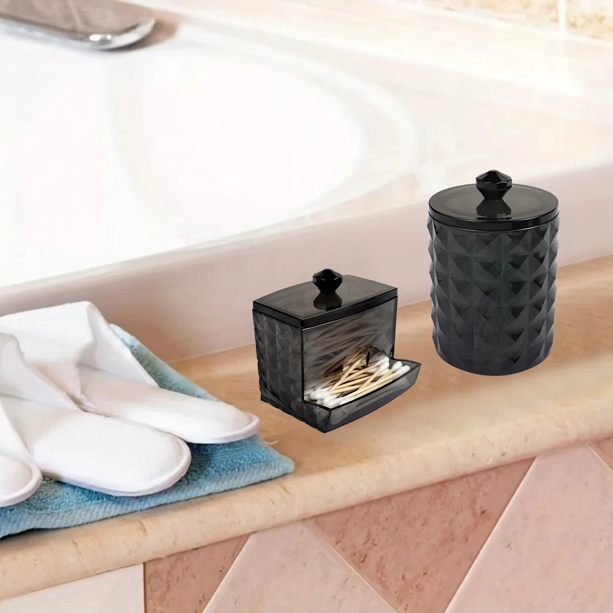 3 supports pour cotons-tiges, distributeur de salle de bain, boîte de rangement pour boules de coton, cotons-tiges, bocal de rangement transparent avec couvercle, organisation de la maison