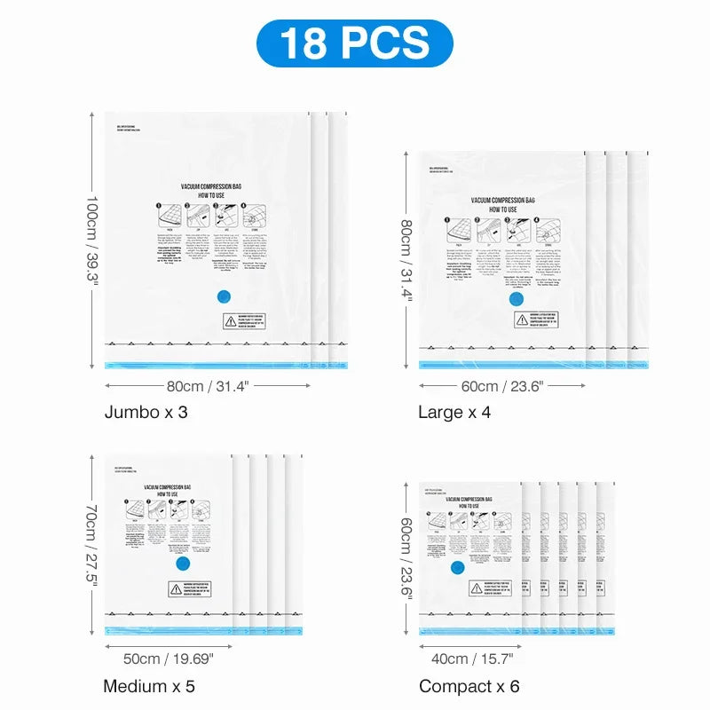 Sacs de rangement sous vide pour voyage avec pompe électrique sans fil, lot de 8 à 18 sacs gain de place pour vêtements, couettes et couvertures. Organisateur compressé.