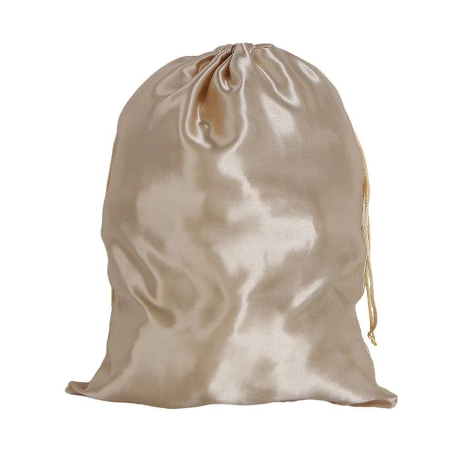 Pochette de rangement en satin 25x35cm, disponible en 20 couleurs, pour perruques ou extensions ; sac à cordon pour accessoires de voyage.