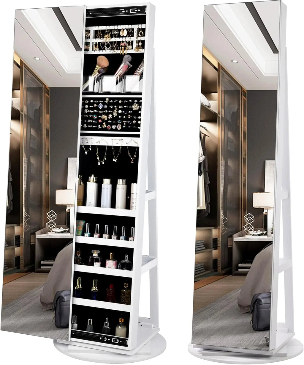 Armoire à bijoux pivotante à 360° de 160 cm avec miroir pleine longueur, miroir verrouillable pour le rangement des bijoux et étagère de rangement arrière.