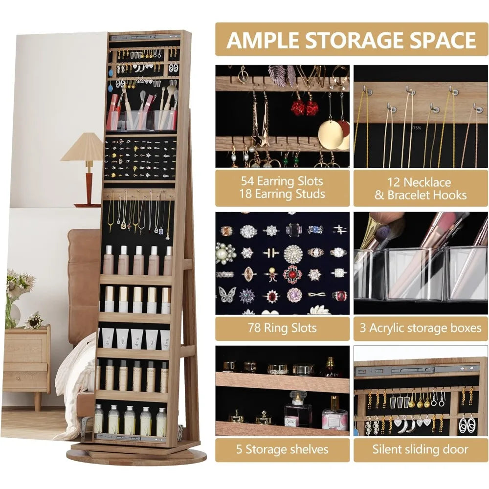 Armoire à bijoux pivotante à 360° de 160 cm avec miroir pleine longueur, miroir verrouillable pour le rangement des bijoux et étagère de rangement arrière.