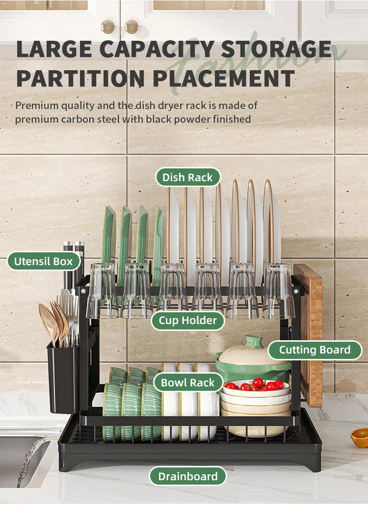 Égouttoir à vaisselle à 2 niveaux, porte-couverts avec bec verseur et bac d'égouttage, porte-couverts, porte-tasses, étagère de rangement pour plan de travail.