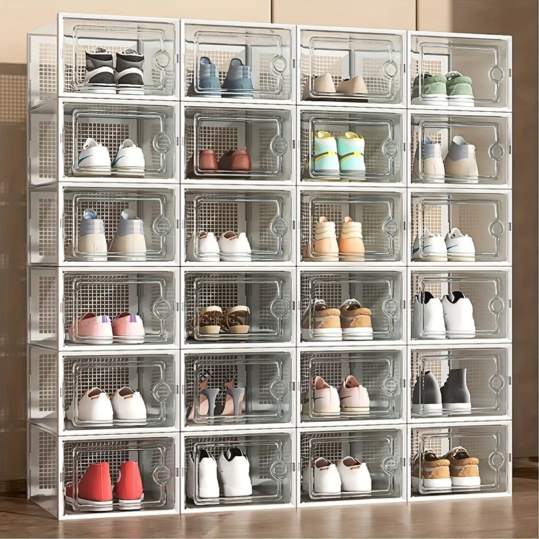 Lot de 2 ou 6 boîtes à chaussures transparentes et épaisses, pliables et empilables, en plastique, pour un rangement peu encombrant dans l'entrée, la chambre, le dortoir ou la maison. Décoration