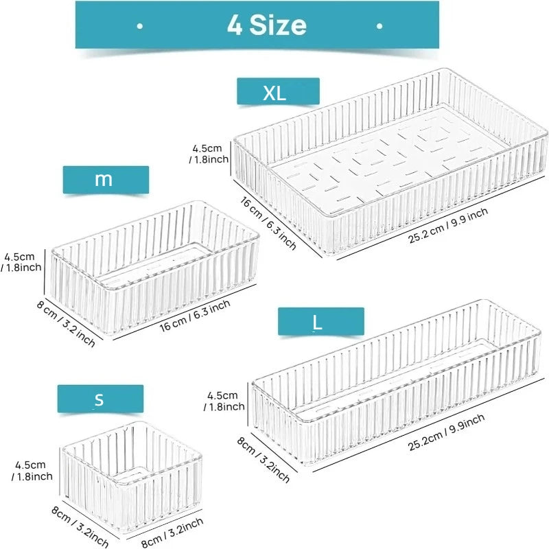 Ensemble de rangement modulaire transparent pour tiroirs, plateaux de rangement multi-usages pour maquillage, soins de la peau, ustensiles de cuisine et salle de bain.