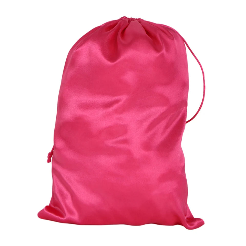 Pochette de rangement en satin 25x35cm, disponible en 20 couleurs, pour perruques ou extensions ; sac à cordon pour accessoires de voyage.