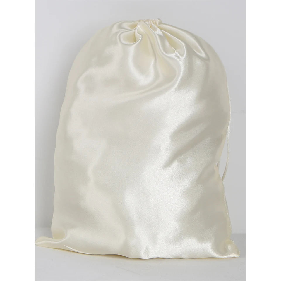 Pochette de rangement en satin 25x35cm, disponible en 20 couleurs, pour perruques ou extensions ; sac à cordon pour accessoires de voyage.