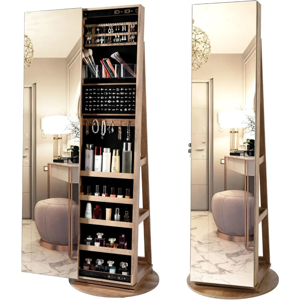 Armoire à bijoux pivotante à 360° de 160 cm avec miroir pleine longueur, miroir verrouillable pour le rangement des bijoux et étagère de rangement arrière.