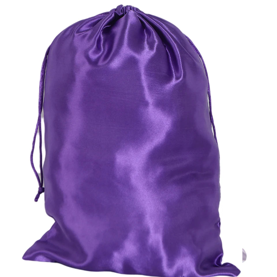 Pochette de rangement en satin 25x35cm, disponible en 20 couleurs, pour perruques ou extensions ; sac à cordon pour accessoires de voyage.