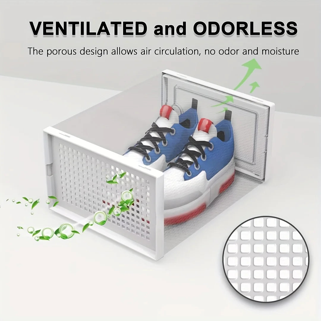 Lot de 2 ou 6 boîtes à chaussures transparentes et épaisses, pliables et empilables, en plastique, pour un rangement peu encombrant dans l'entrée, la chambre, le dortoir ou la maison. Décoration