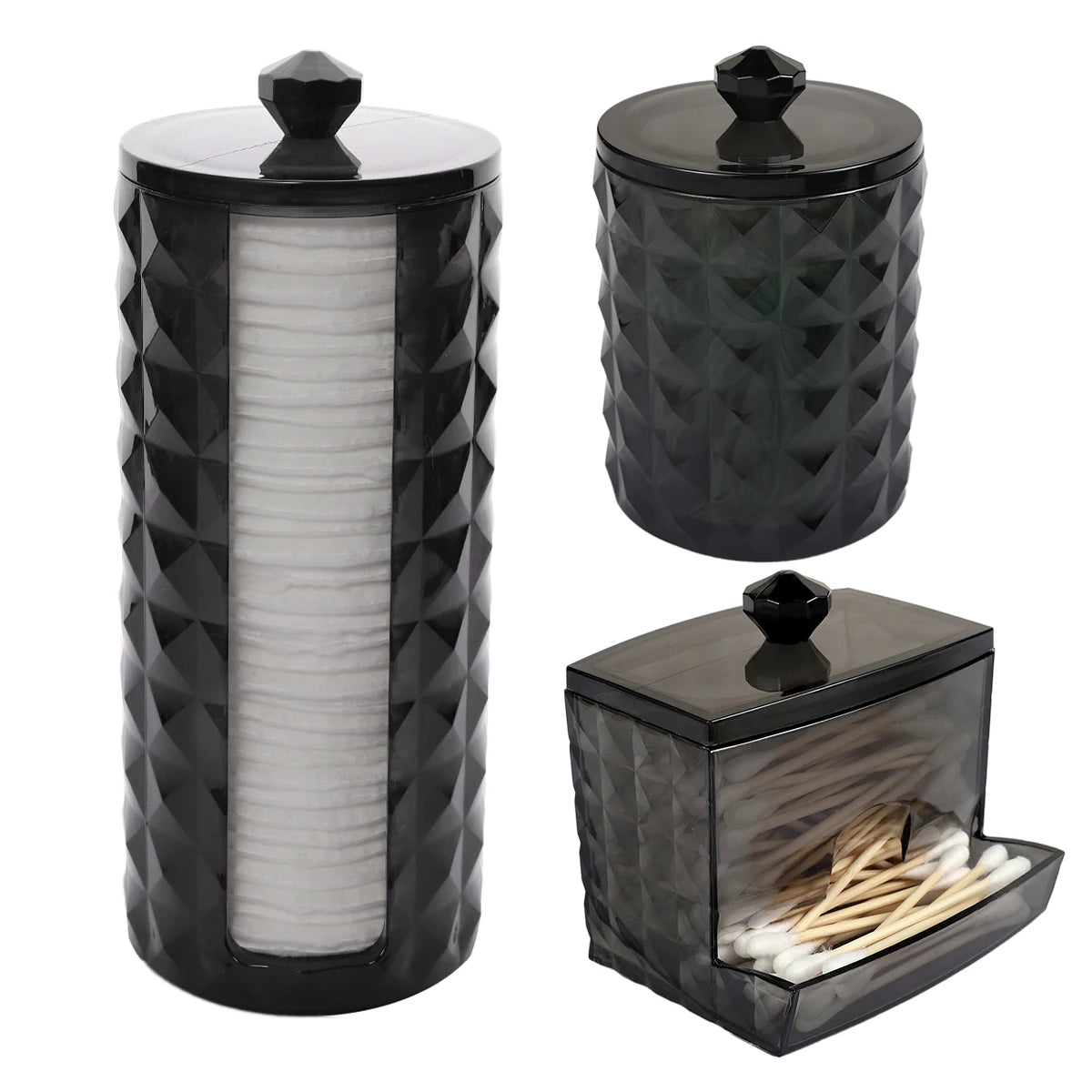 3 supports pour cotons-tiges, distributeur de salle de bain, boîte de rangement pour boules de coton, cotons-tiges, bocal de rangement transparent avec couvercle, organisation de la maison