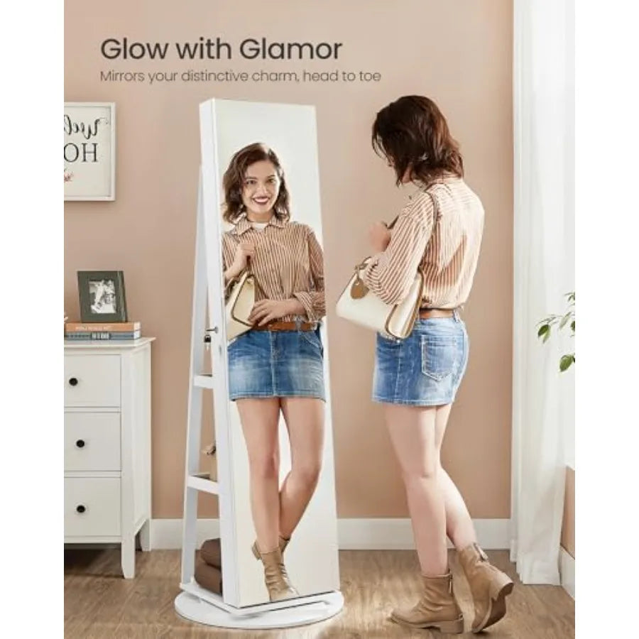 Armoire à bijoux pivotante à 360° avec miroir verrouillable et 6 LED, sur pied, sans cadre, avec 3 compartiments de rangement.