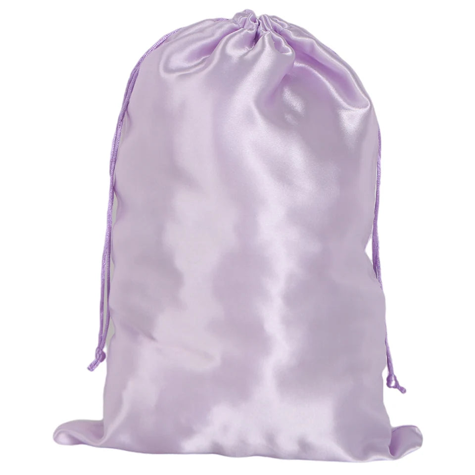 Pochette de rangement en satin 25x35cm, disponible en 20 couleurs, pour perruques ou extensions ; sac à cordon pour accessoires de voyage.