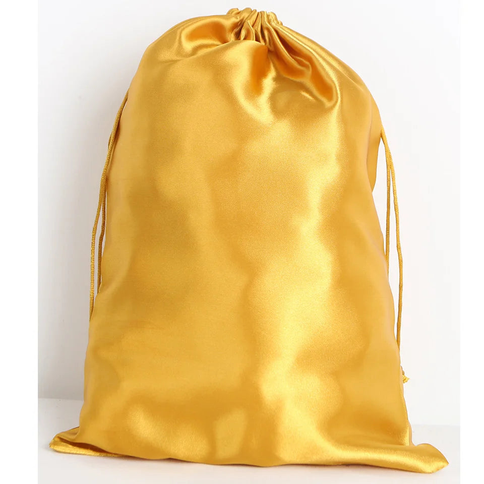 Pochette de rangement en satin 25x35cm, disponible en 20 couleurs, pour perruques ou extensions ; sac à cordon pour accessoires de voyage.
