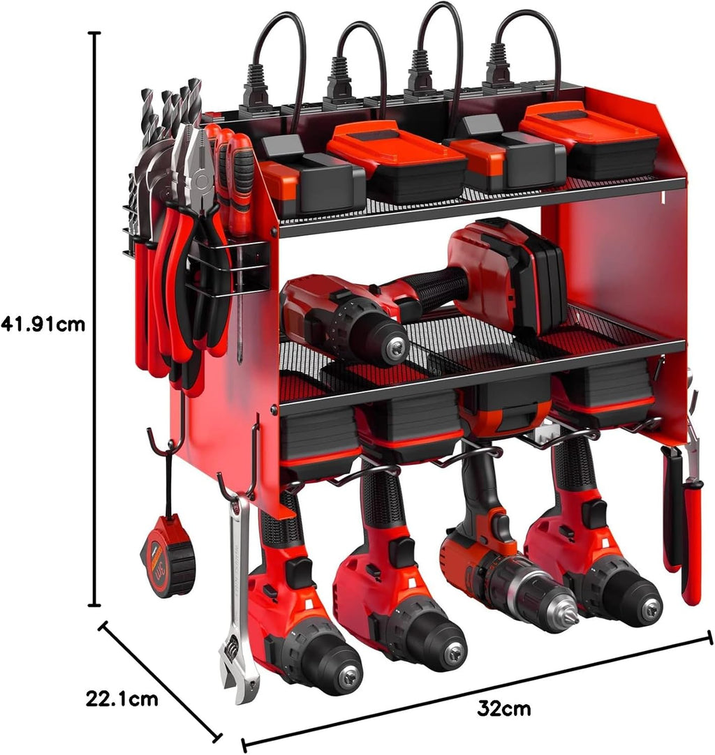 Modular Power Tool Organizer Wall Mount with Charging Station. Garage 4 Drill Storage Shelf with Hooks, Screwdriver, Drill Bit Heavy Duty Rack, Tool Battery Holder Built in 8 Outlet Power Strip.