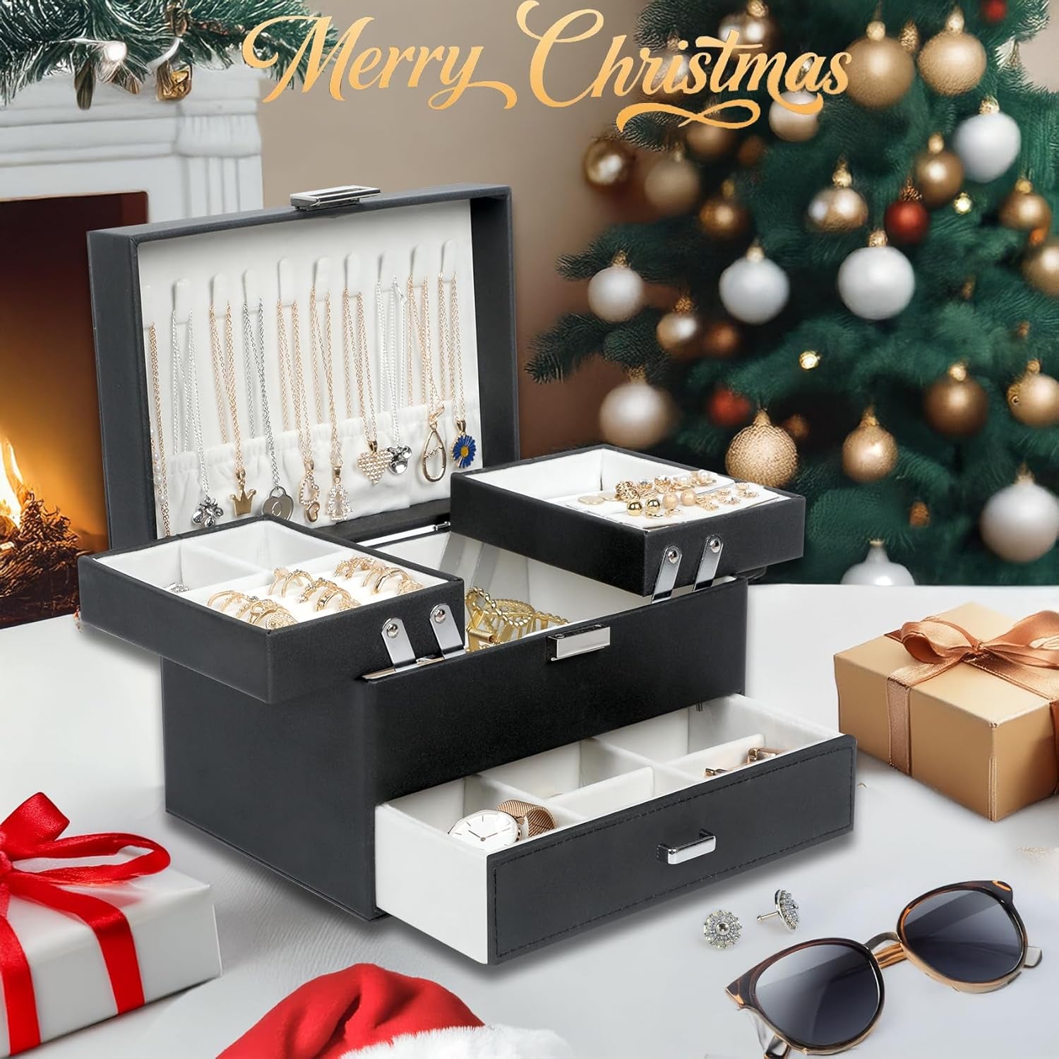 Jewelry Boxes for Women Girls, Jewelry Organizer Box, 3 Layers Jewelry Storage Organizer for Earring, Ring, Necklace, Bracelets (Black)