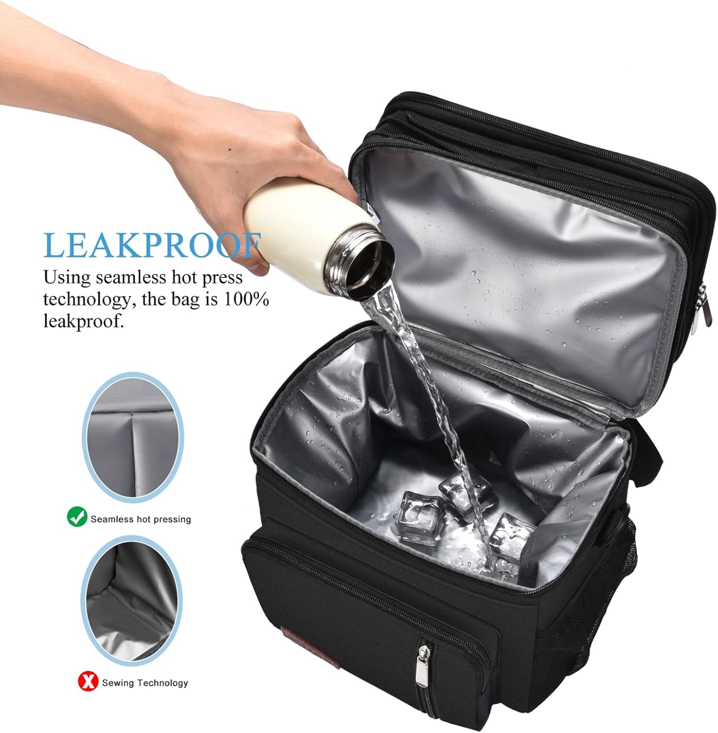 Lunch Bag for Women Men Double Deck Lunch Box - Leakproof Insulated Soft Large Lunch Cooler Bag,  (Black,15L)